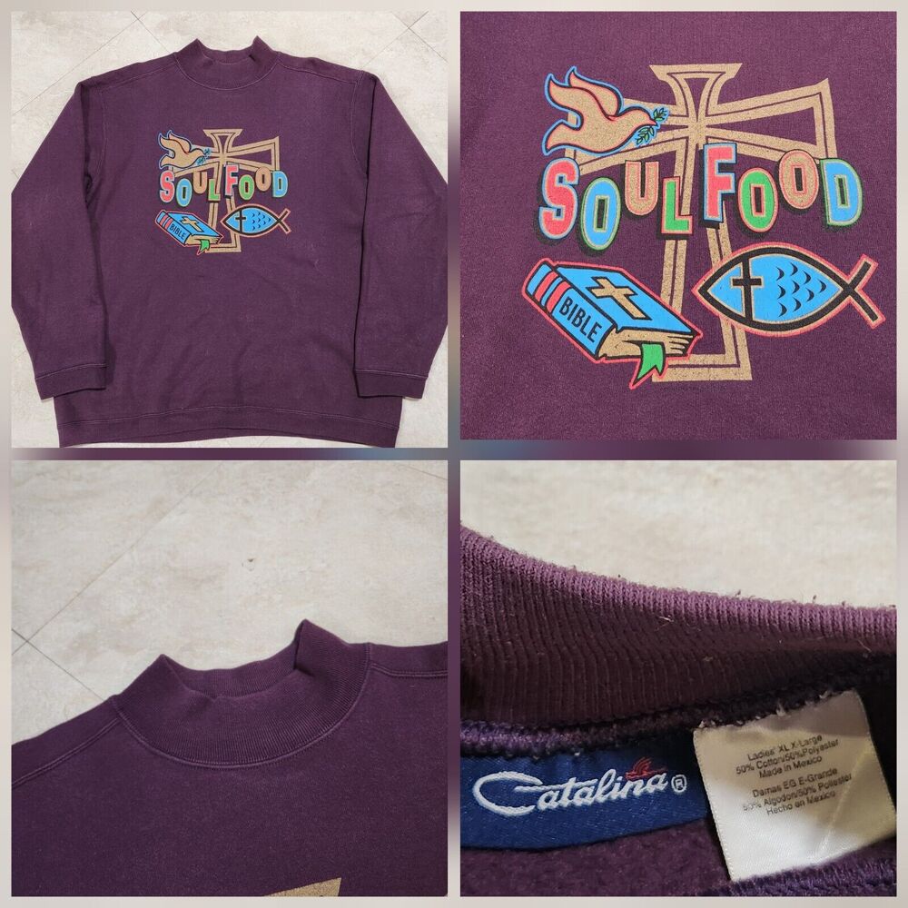 VTG 90s Y2K‎ Womens XL Soul Food Jesus Fish Christianity Bible Cross Sweatshirt